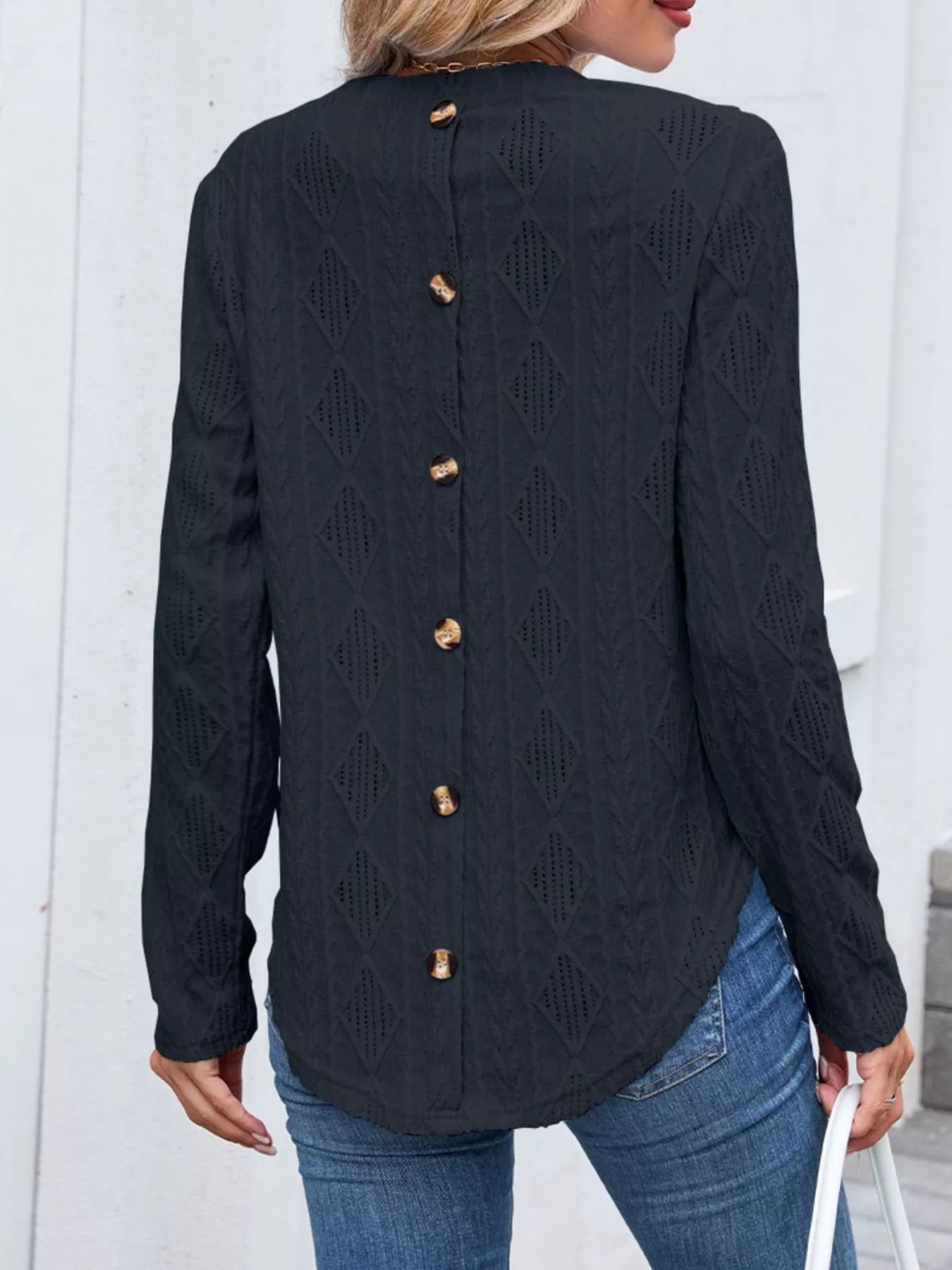 Openwork Textured Long Sleeve Top - Be Bliss Boutique