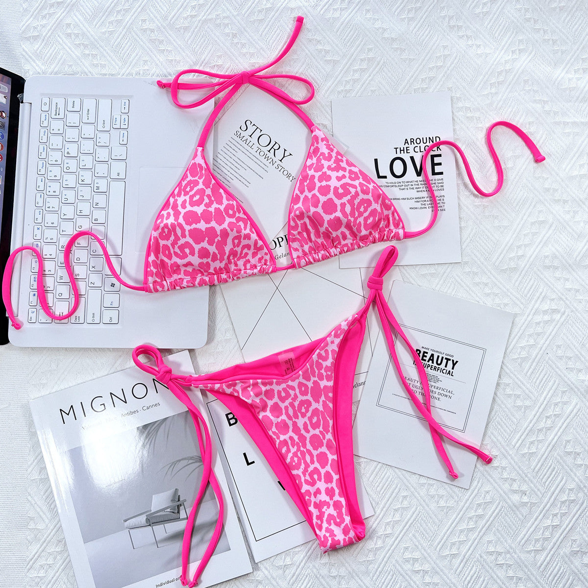 Leopard Print Halter Neck Tie Side Bikini Set - Be Bliss Boutique