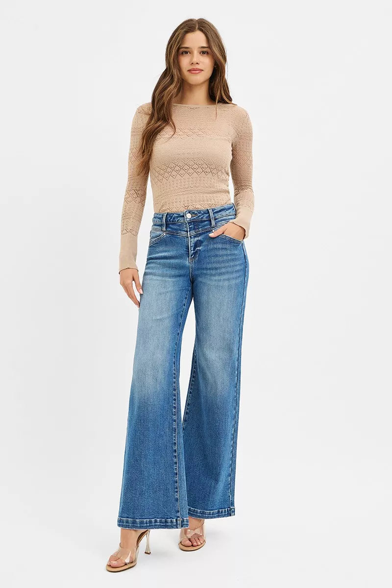 RISEN High Rise Wide Leg Jenas with Front Yoke and Heart Back Pocket - Be Bliss Boutique