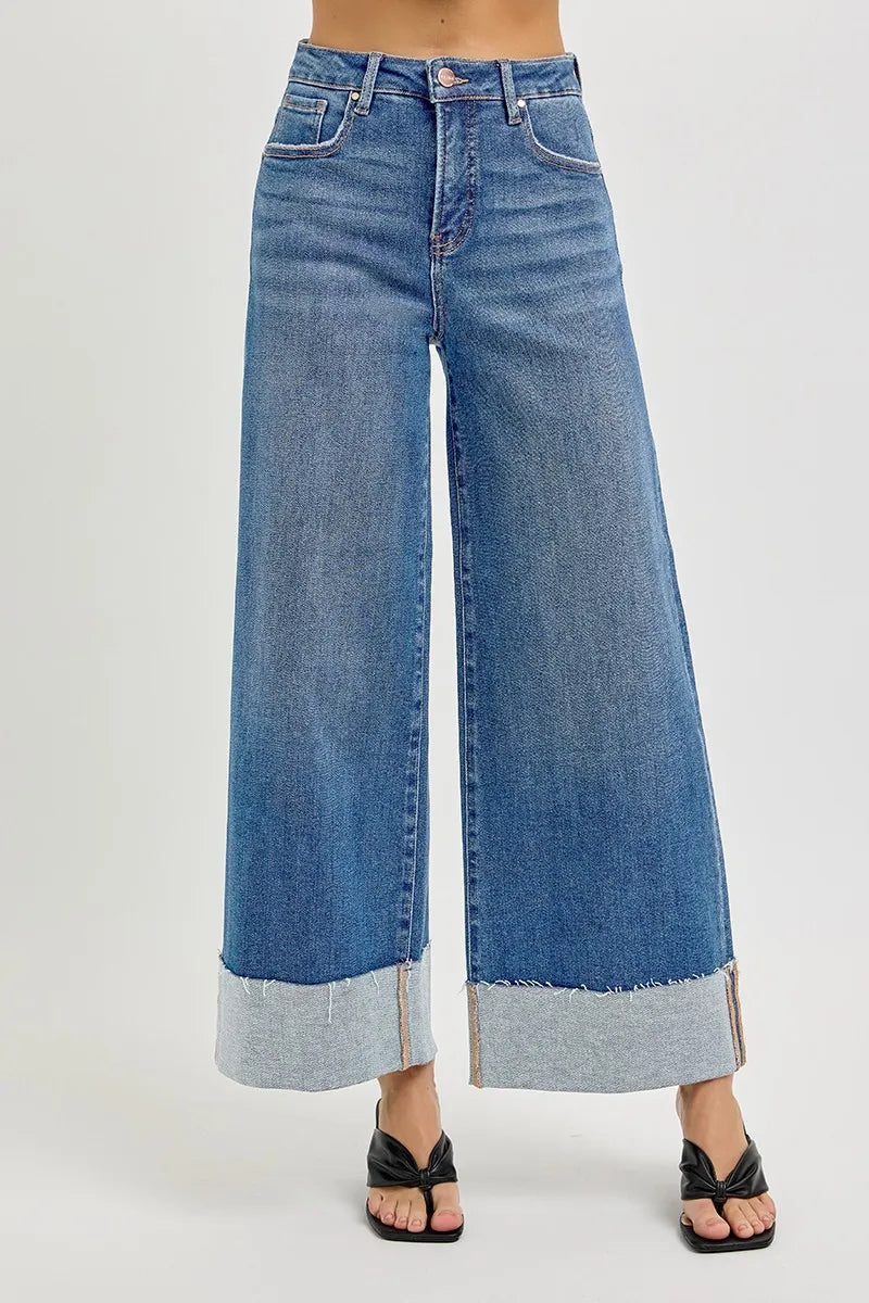 RISEN Full Size Tummy Control High Rise Crop Wide Cuffed Jeans Plus Size -  Be Bliss Boutique