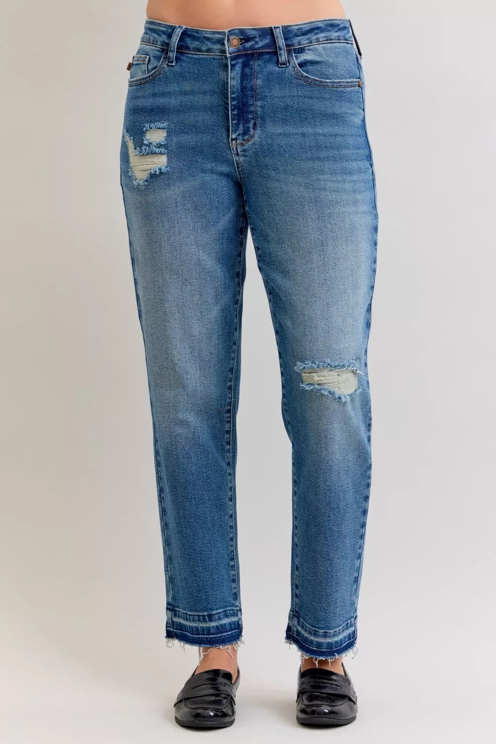 Judy Blue Full Size Mid Rise Bf Patch & Repair Destroy Release Hem Jeans Plus Size - Be Bliss Boutique