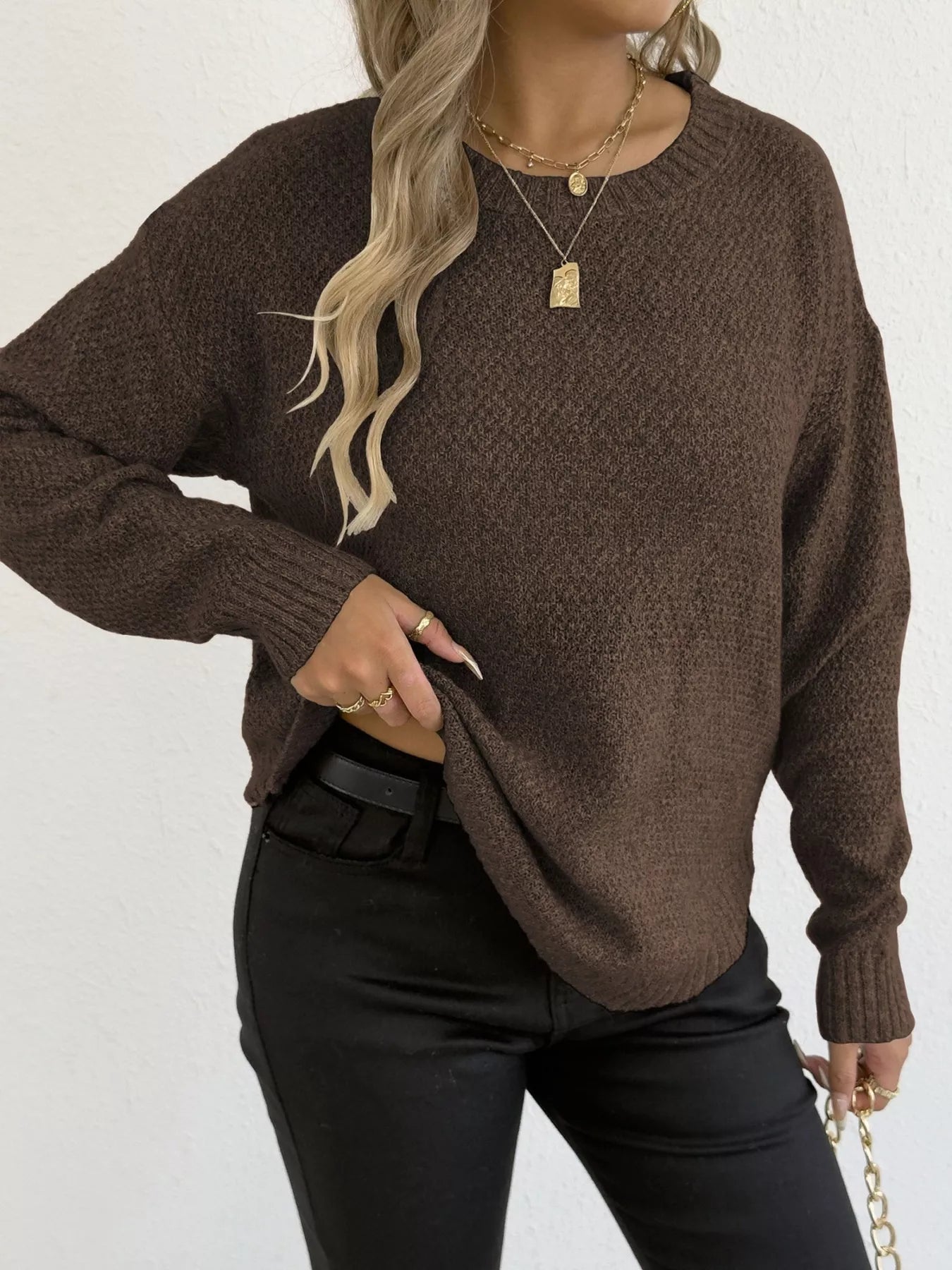 Round Neck Textured Knit Relaxed Fit Sweater - Be Bliss Boutique