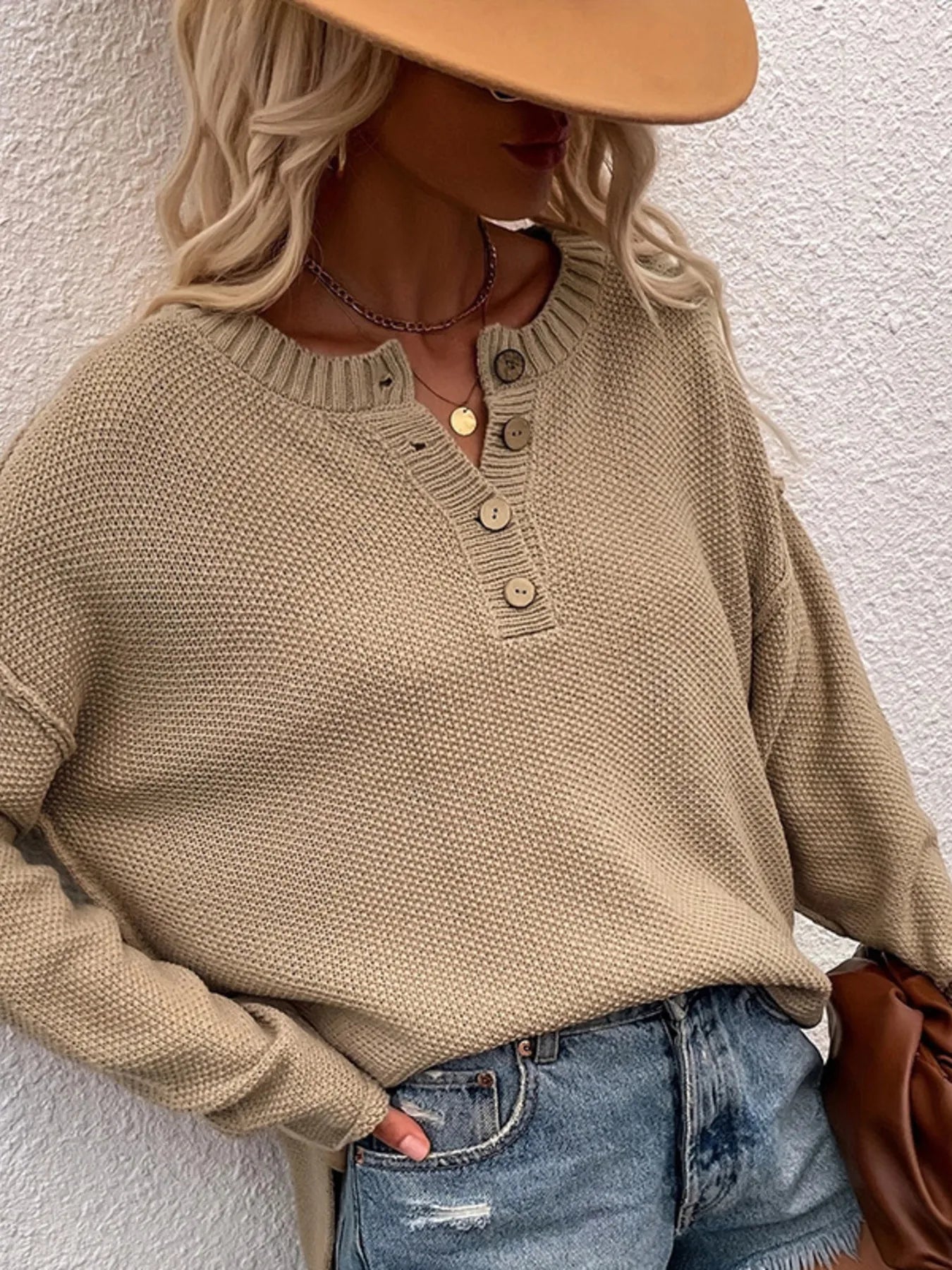 Button Detail Long Sleeve Knit Top -  Be Bliss Boutique