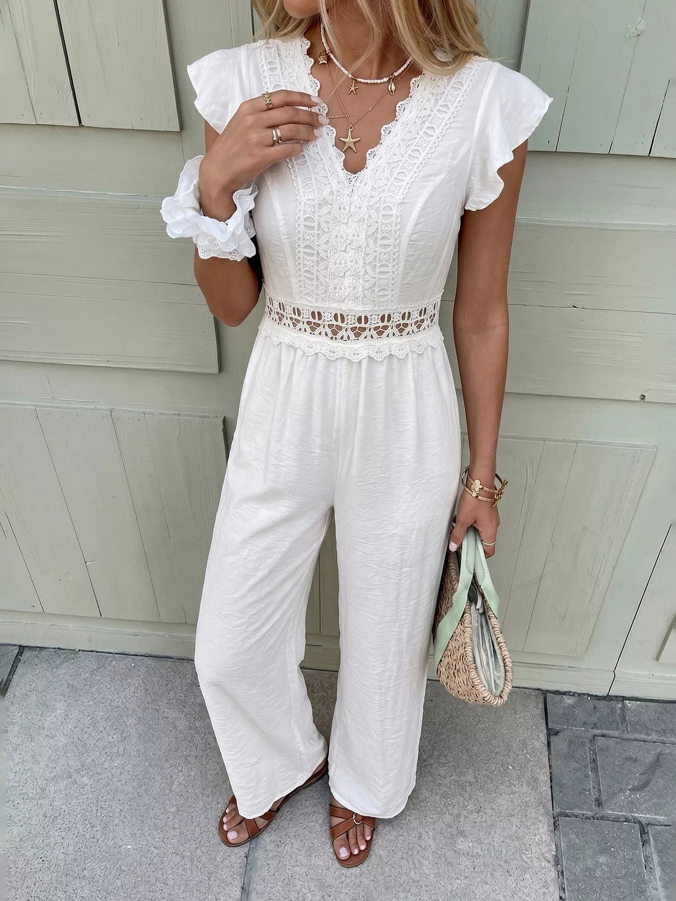 Lace Trim Wide Leg Jumpsuit - Be Bliss Boutique