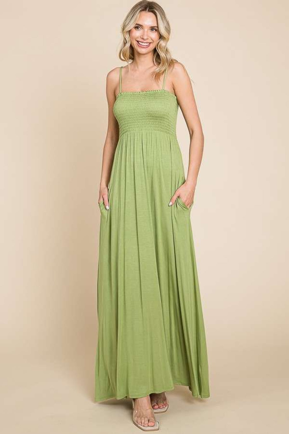 Culture Code Full Size Olive Smocked Cami Maxi Dress with Pockets