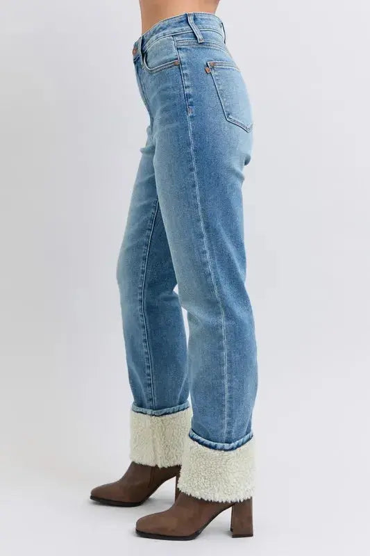 Judy Blue Full Size/Plus Size High Waist Shearling Cuff Straight Leg Jeans |  Be Bliss Boutique