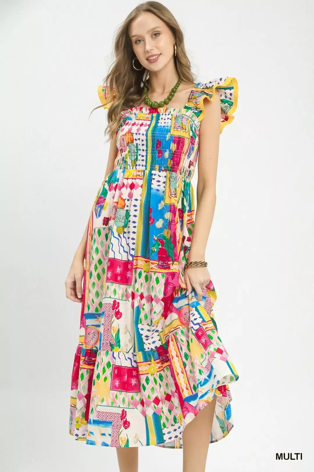 Umgee Abstract Print Smocked Ruffle Sleeve Tiered Midi Dress - Be Bliss Boutique