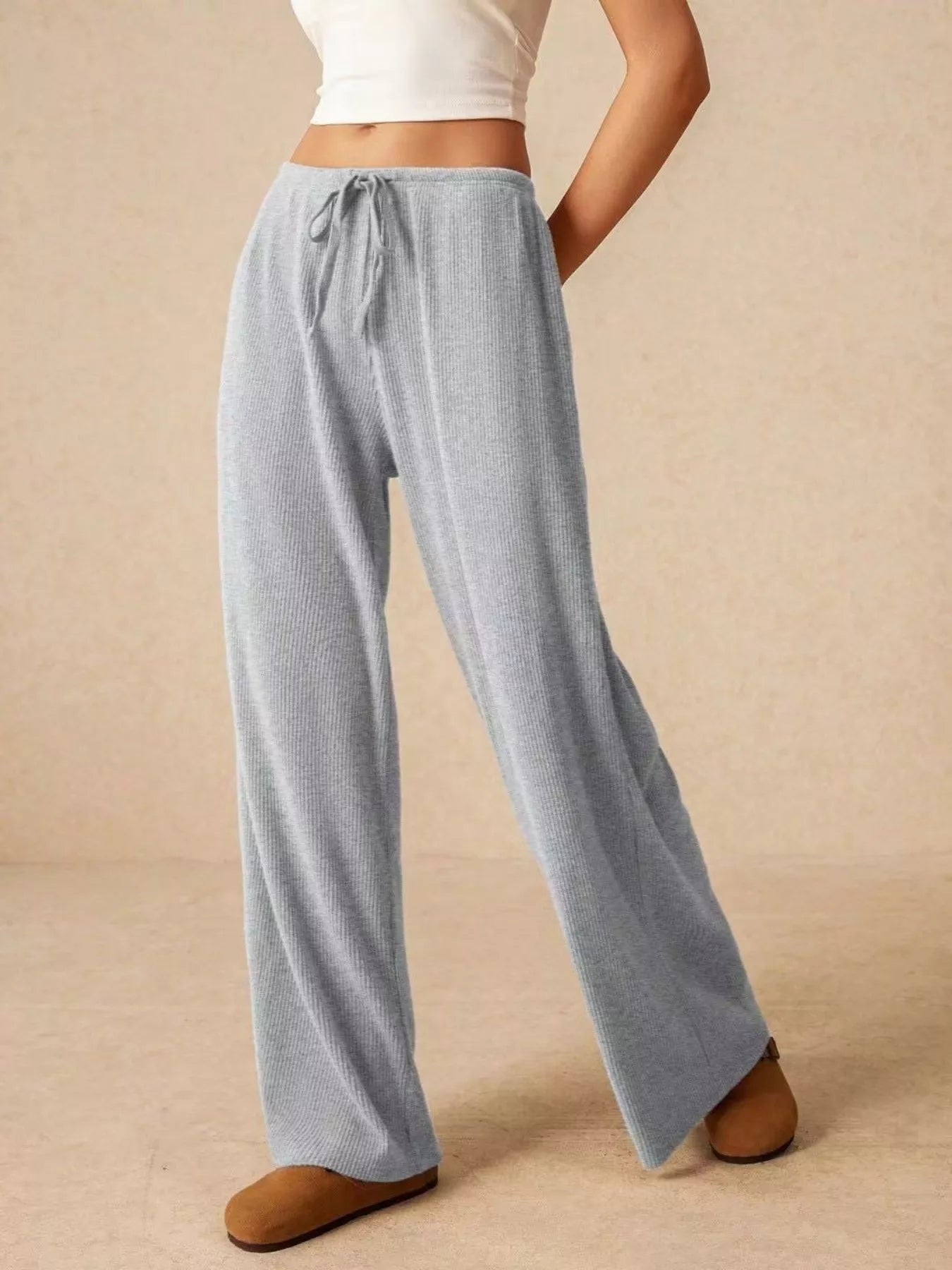 Ribbed Drawstring Wide Leg Pants - Be Bliss Boutique