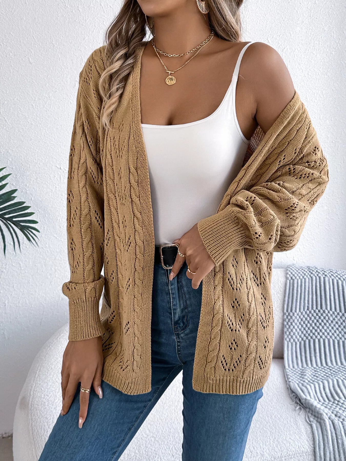 Openwork Open Front Long Sleeve Cardigan - Be Bliss Boutique