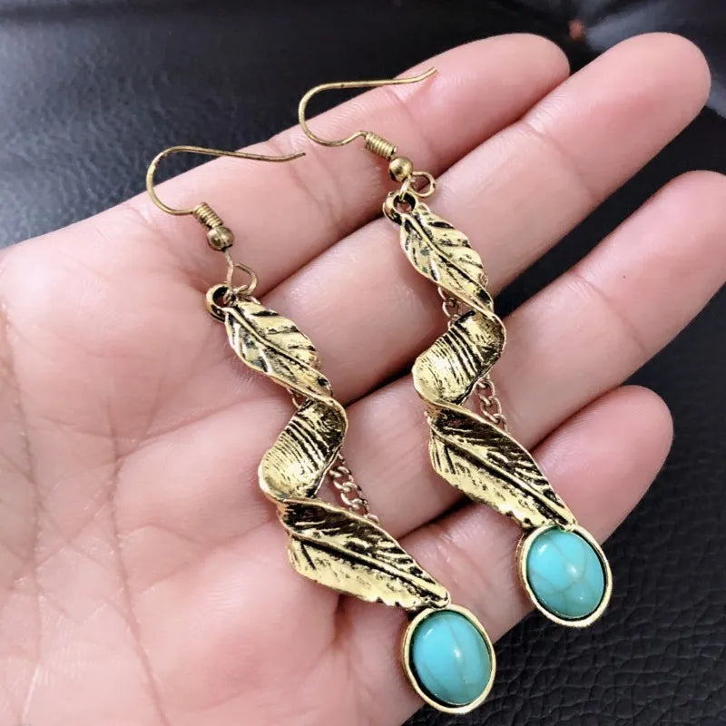 Artificial Turquoise Alloy Leaf Earrings - Be Bliss Boutique