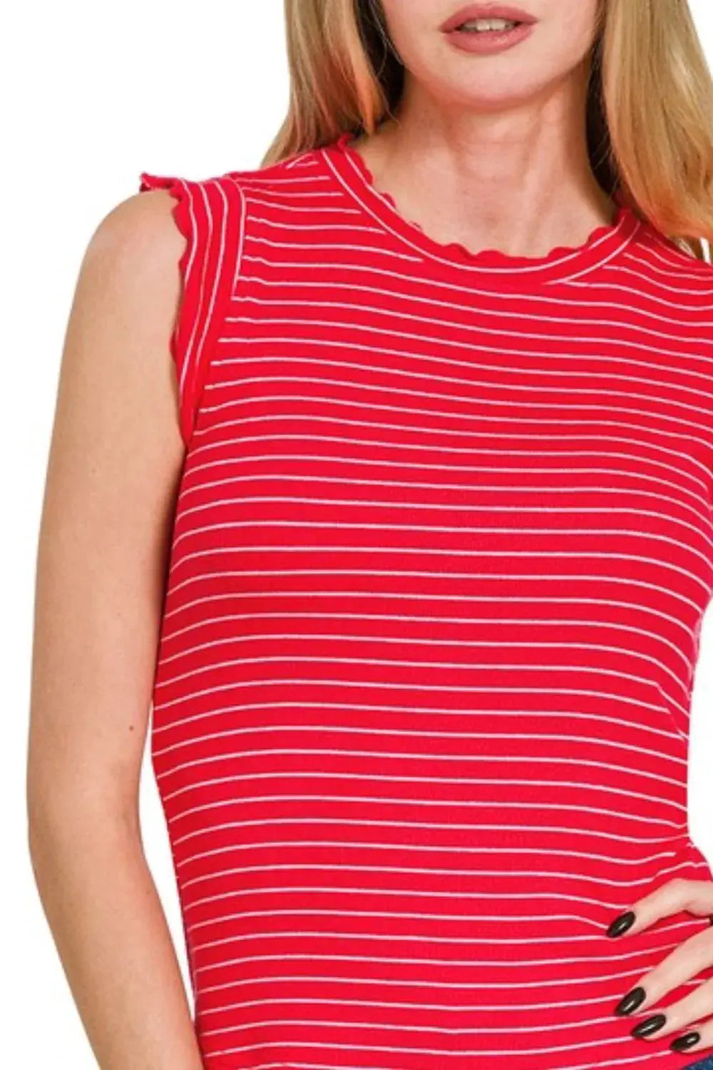 Zenana Ruby Ribbed Ruffle Trim Sleeveless Stripe Top |  Be Bliss Boutique