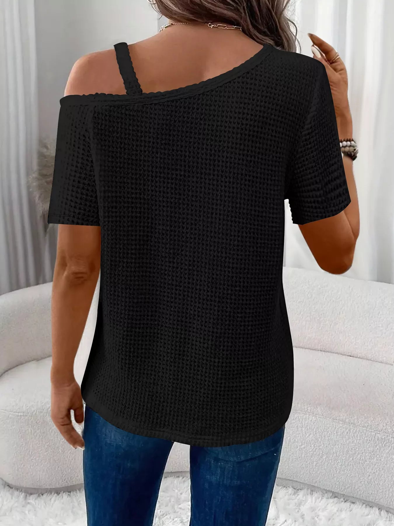 Chain Detail Waffle Knit One Shoulder T Shirt - Be Bliss Boutique