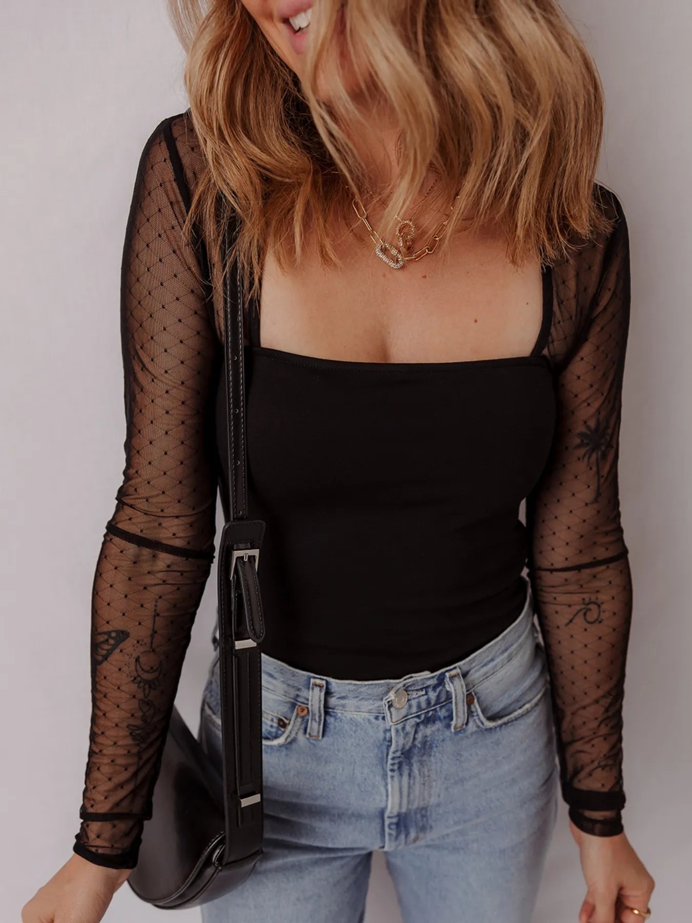 Mesh Sleeve Square Neck Bodysuit -  Be Bliss Boutique