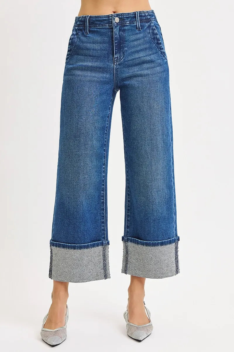 RISEN Jeans - High Rise Wide Leg Rhinestone Cuffed Jeans -  Be Bliss Boutique