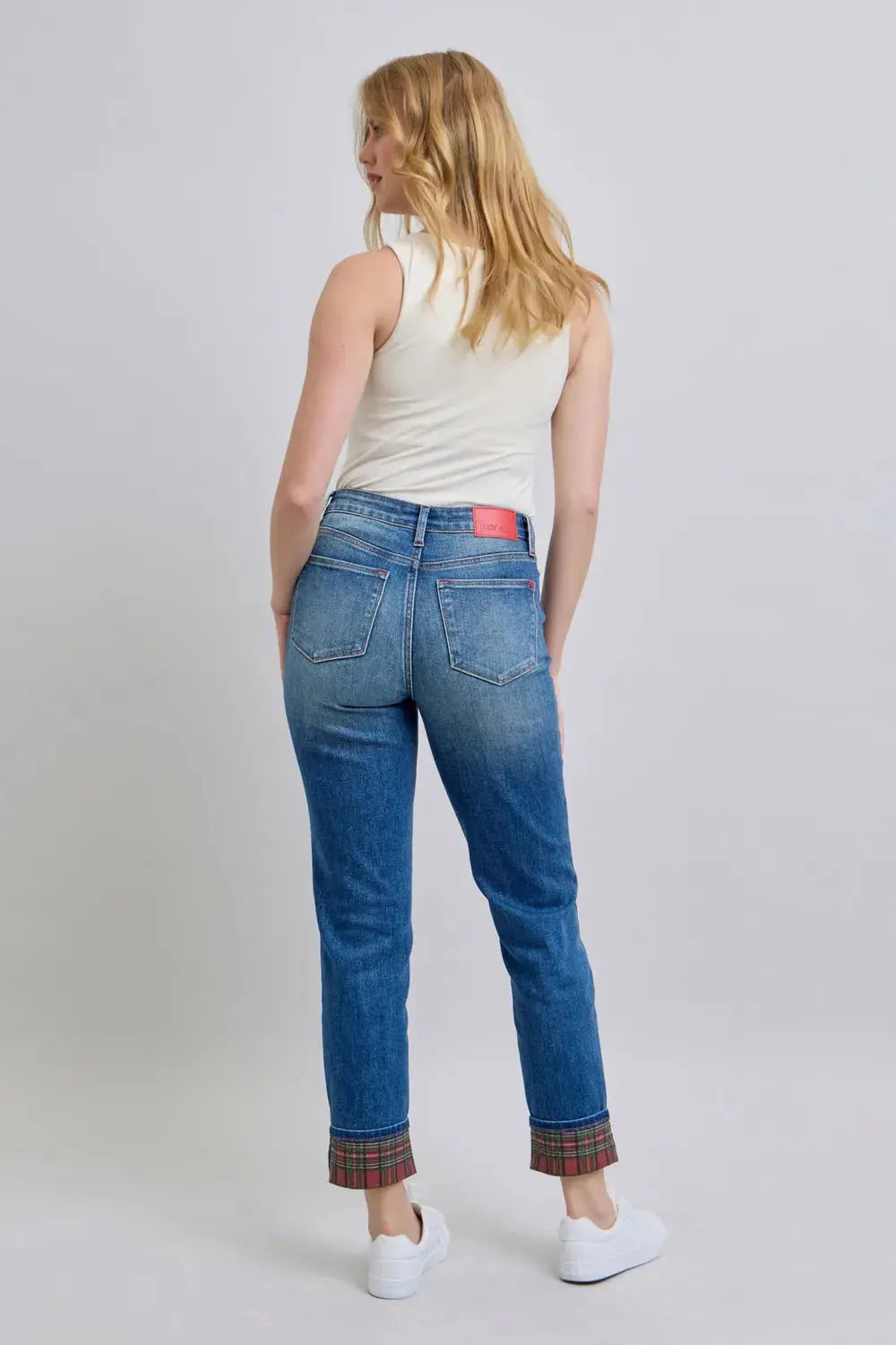 Judy Blue Full/Plus Size Plaid Print Cuff Straight Leg Jeans with Pockets | Be Bliss Boutique