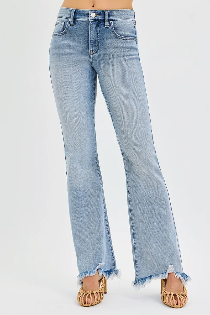 RISEN Full Size Tummy Control Mid Rise Flare Jeans with Fray Hem Detailed Plus Size -  Be Bliss Boutique