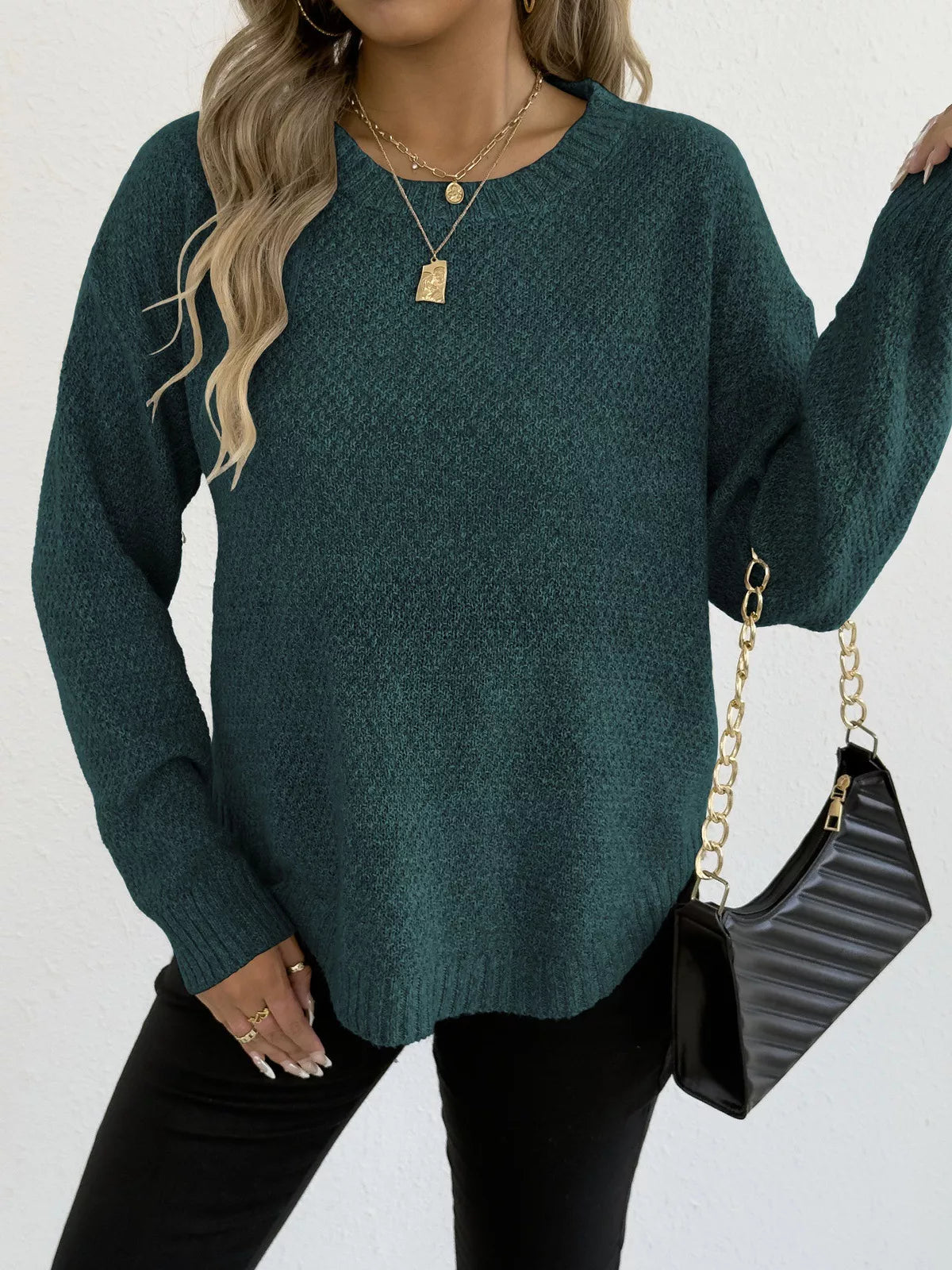 Textured Knit Relaxed Fit Round Neck Sweater - Be Bliss Boutique