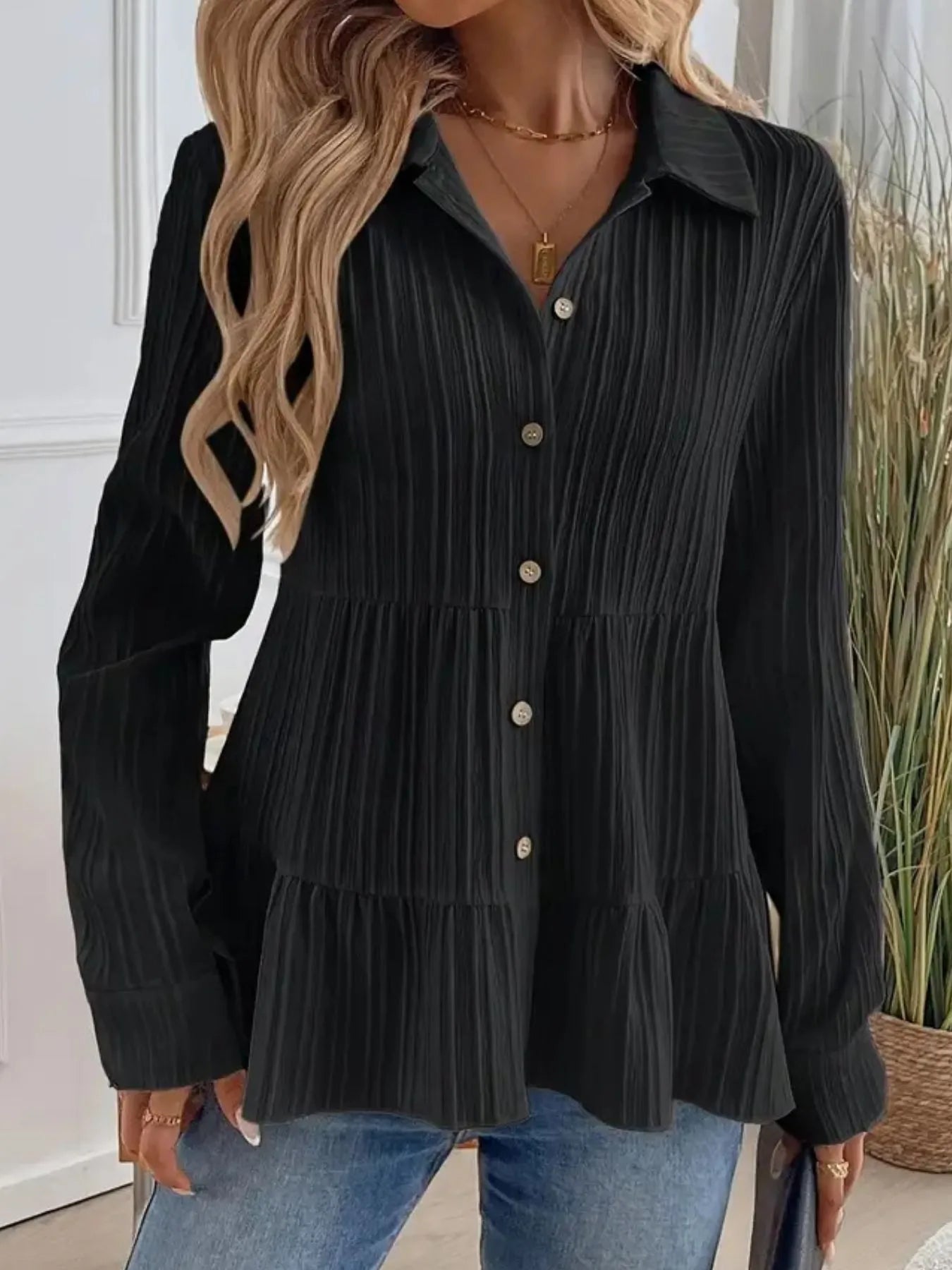 Striped Button-Down Tiered Shirt -  Be Bliss Boutique