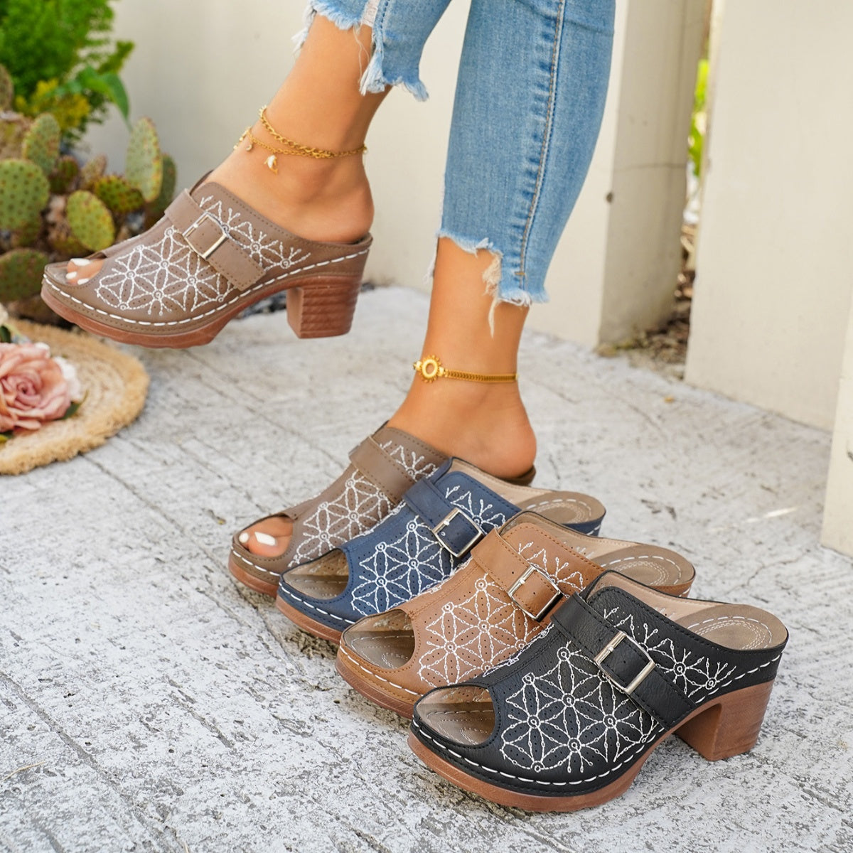Buckle Decor Block Heel Sandals - Be Bliss Boutique