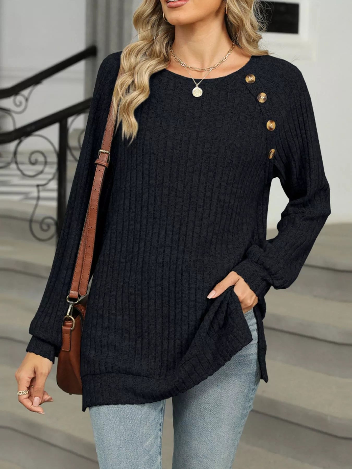 Cozy Chic Ribbed Button Detail Long Sleeve Tunic -  Be Bliss Boutique
