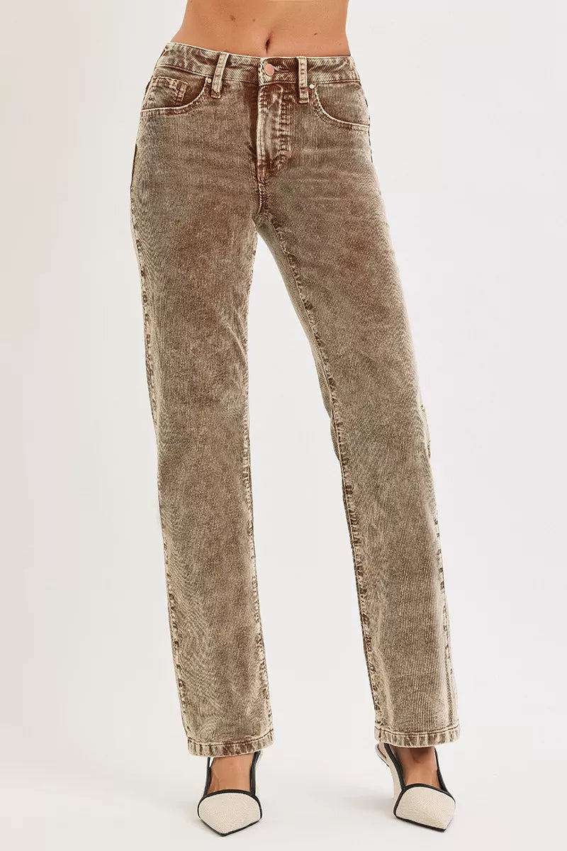 RISEN Tummy Control Mid Rise Straight Leg Corduroy Pants - Be Bliss Boutique