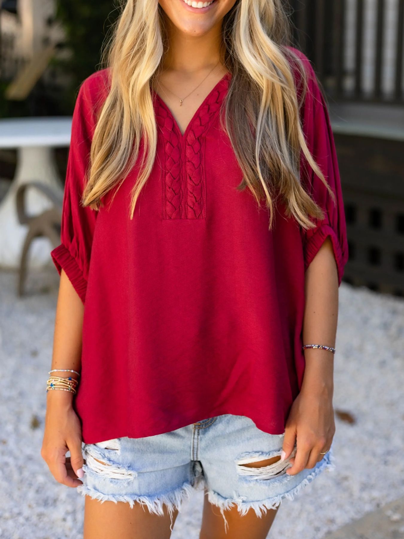 Women's Braided Detail V-Neck Half Sleeve Blouse - Be Bliss Boutique