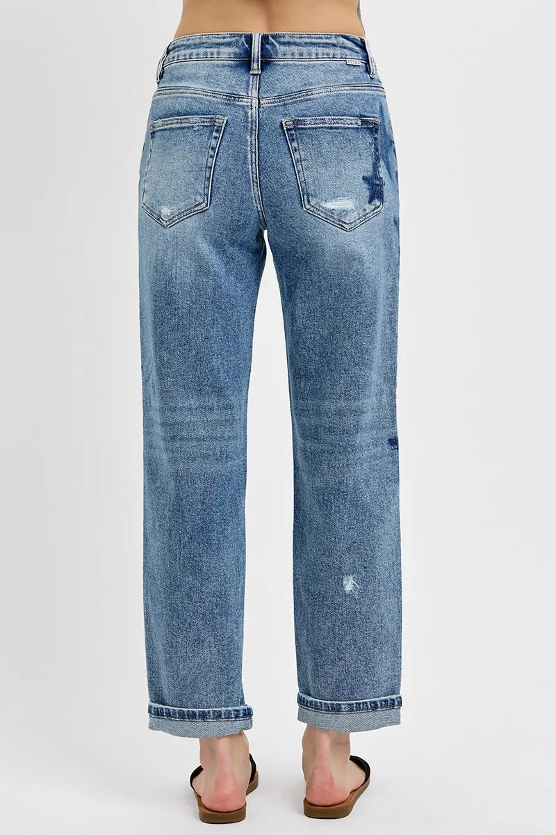 RISEN Full Size Mid Rise Boyfriend Star Shadow Detail Cuffed Jeans Plus Size -  Be Bliss Boutique