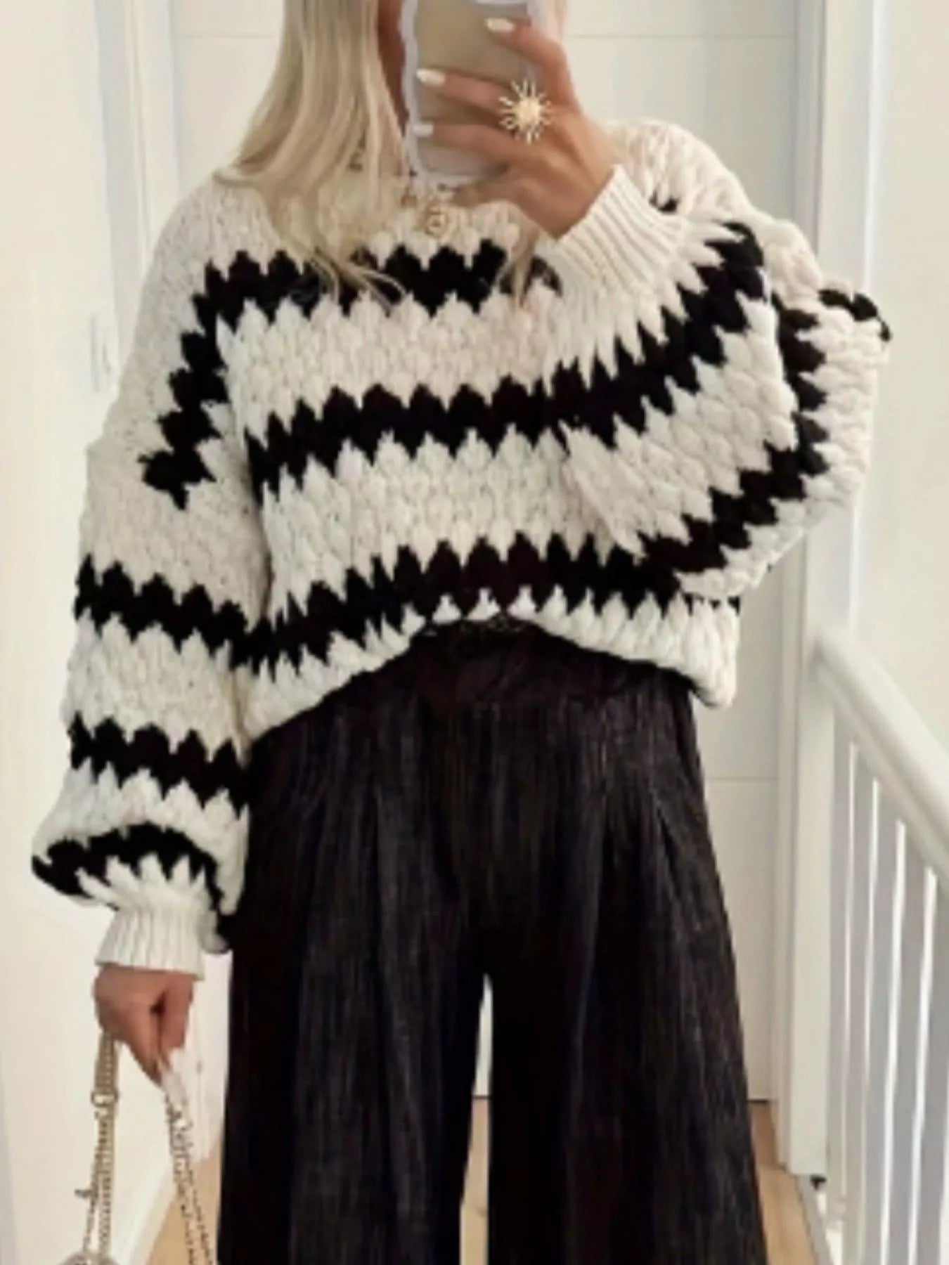 Striped Round Neck Dropped Shoulder Sweater -  Be Bliss Boutique