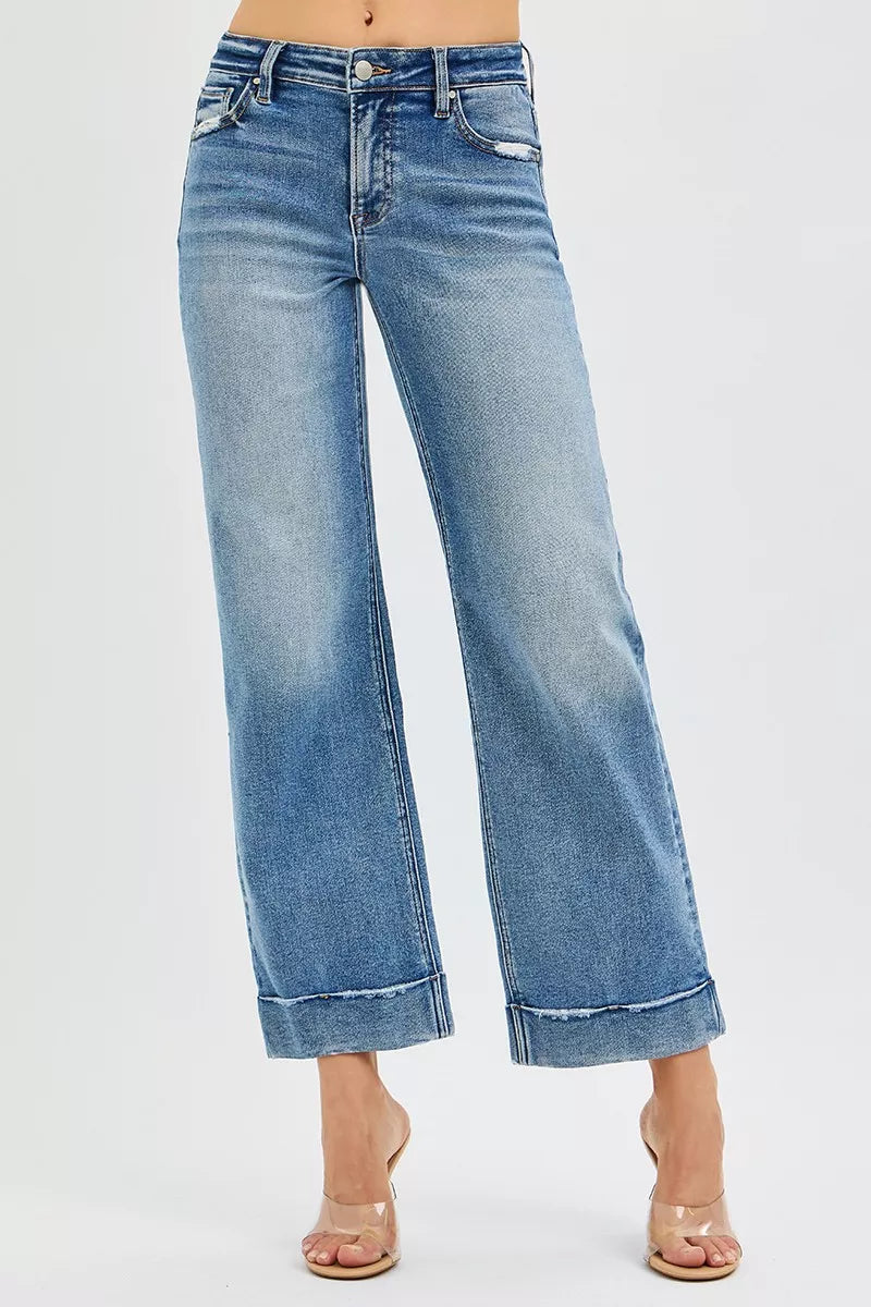 RISEN Jeans - Full Size Mid Rise Crop Straight Jeans with Taylor Cuffed Jeans - Be Bliss Boutique