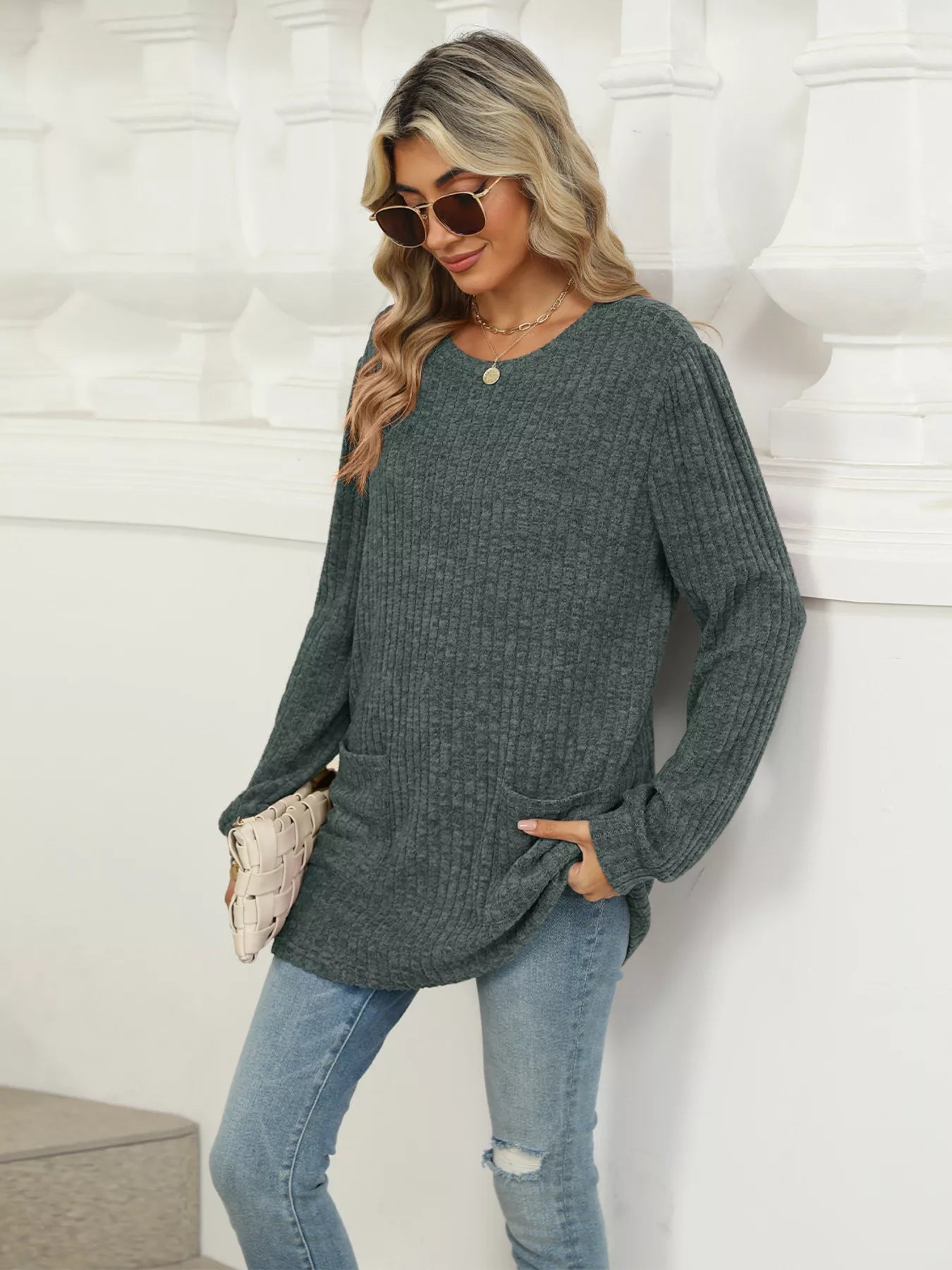 Cozy Ribbed Knit Long Sleeve Tunic Top with Pockets -  Be Bliss Boutique