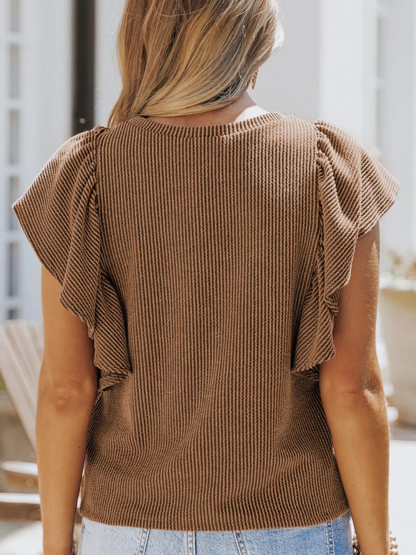 Full Size Ruffled Sleeve Ribbed Knit T Shirt - Be Bliss Boutique