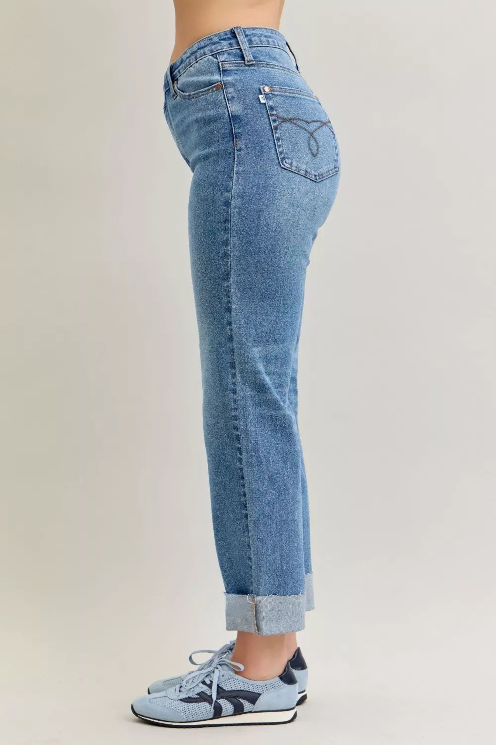 Judy Blue High Waist Bf Criss-cross Mild Destroy Jeans with Single Cuff - Be Bliss Boutique