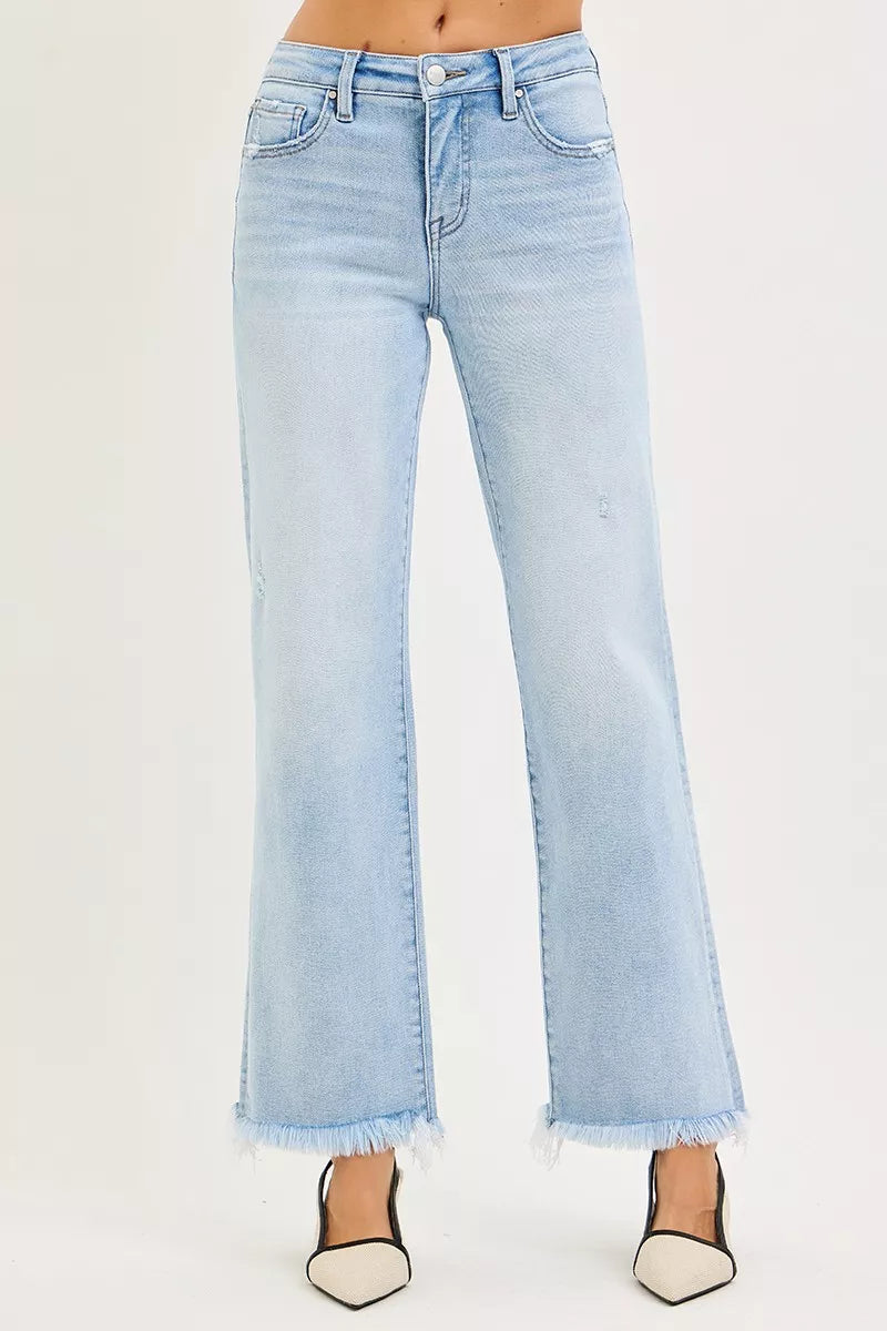 RISEN Jeans - Tummy Control Mid Rise Ankle Straight Fray Hem Jeans - Be Bliss Boutique