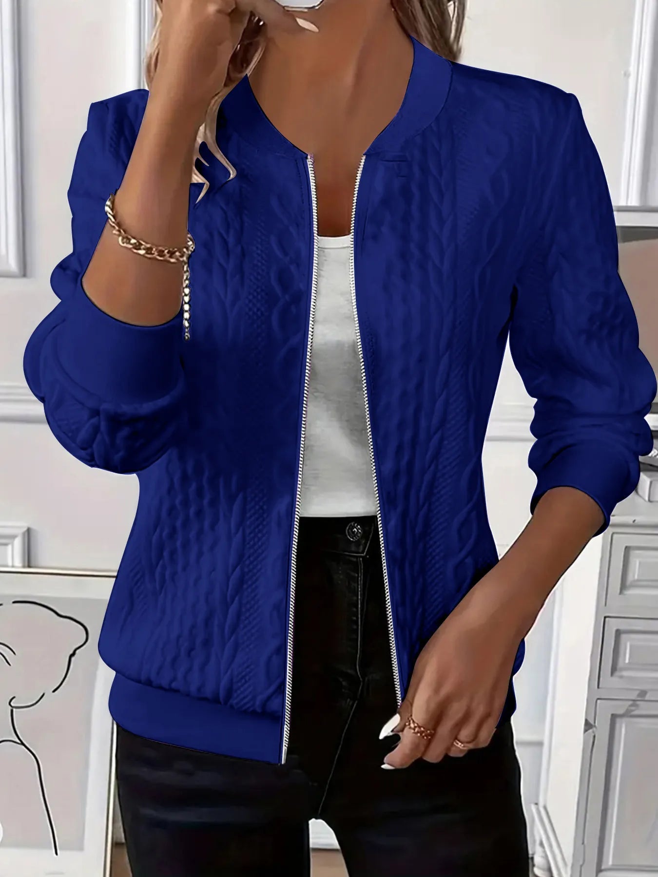 Texture Zip Up Long Sleeve Jacket -  Be Bliss Boutique