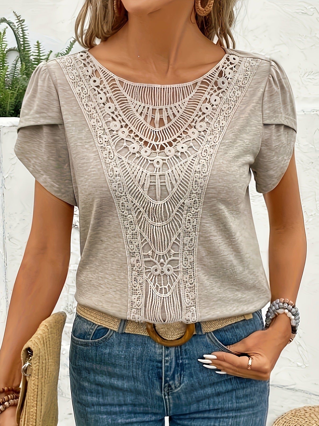 Lace Trimmed Petal Sleeve Casual Womens Top - Be Bliss Boutique