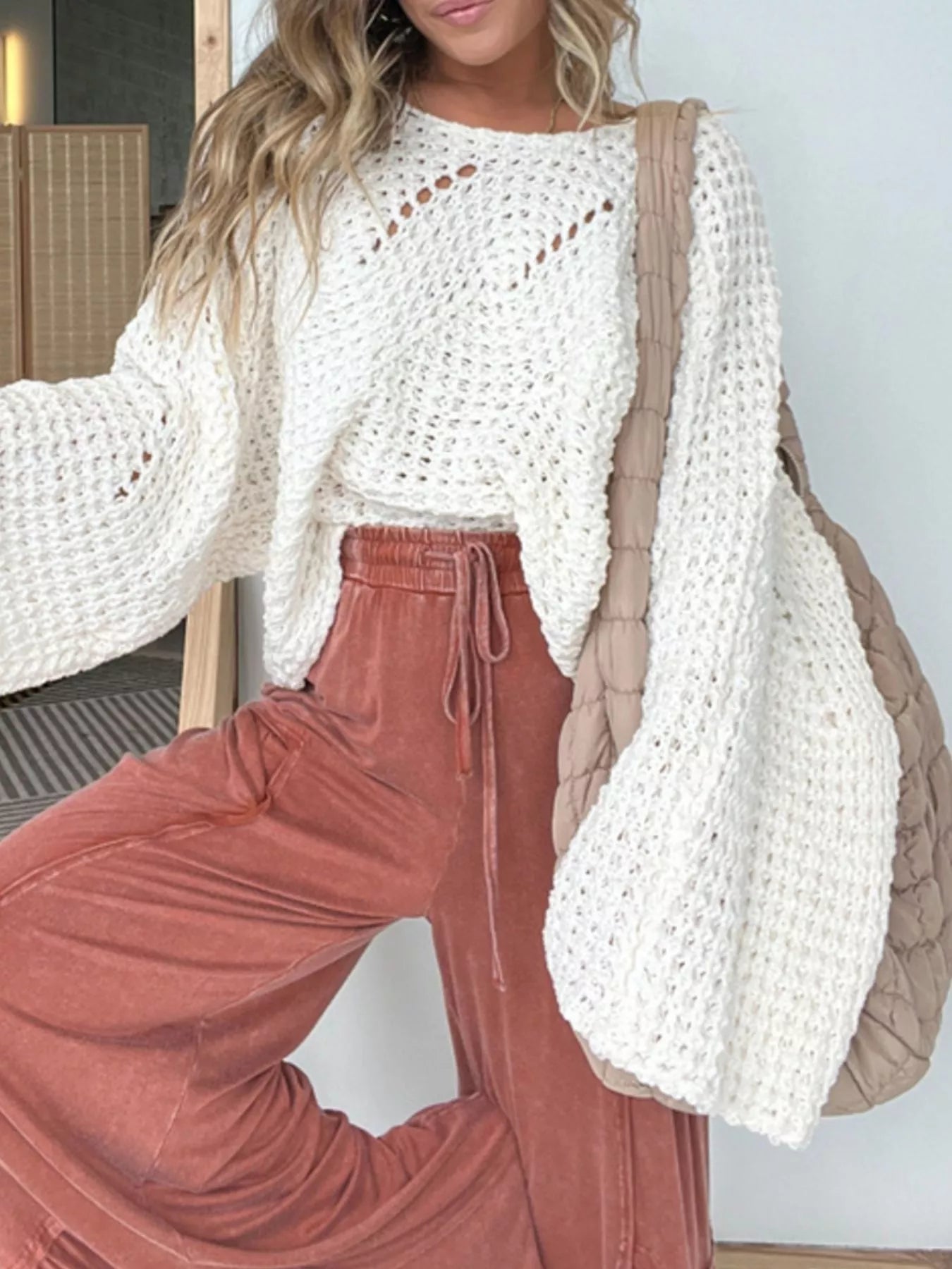 Openwork Batwing Sleeve Sweater -  Be Bliss Boutique
