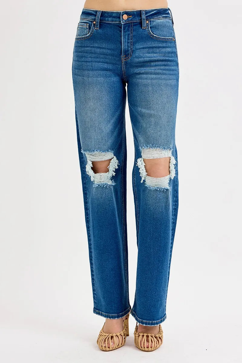 RISEN Full Size Mid Waist Fit Boyfriend Knee Distressed Jeans Plus Size | Be Bliss Boutique