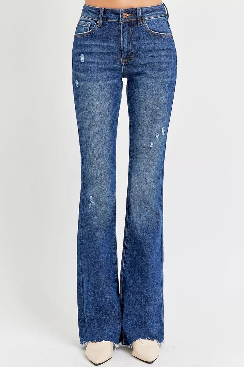 RISEN Full Size Distressed Mid Rise Flare Jeans Plus Size -  Be Bliss Boutique