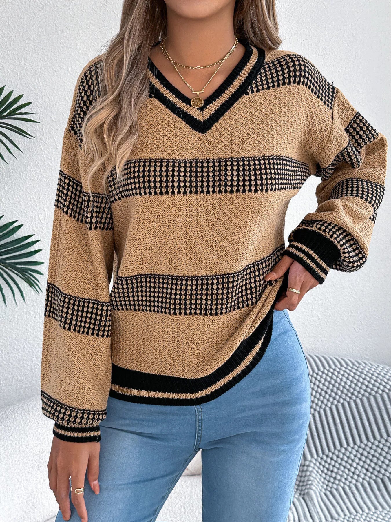 Contrast Striped V-Neck Sweater - Be Bliss Boutique
