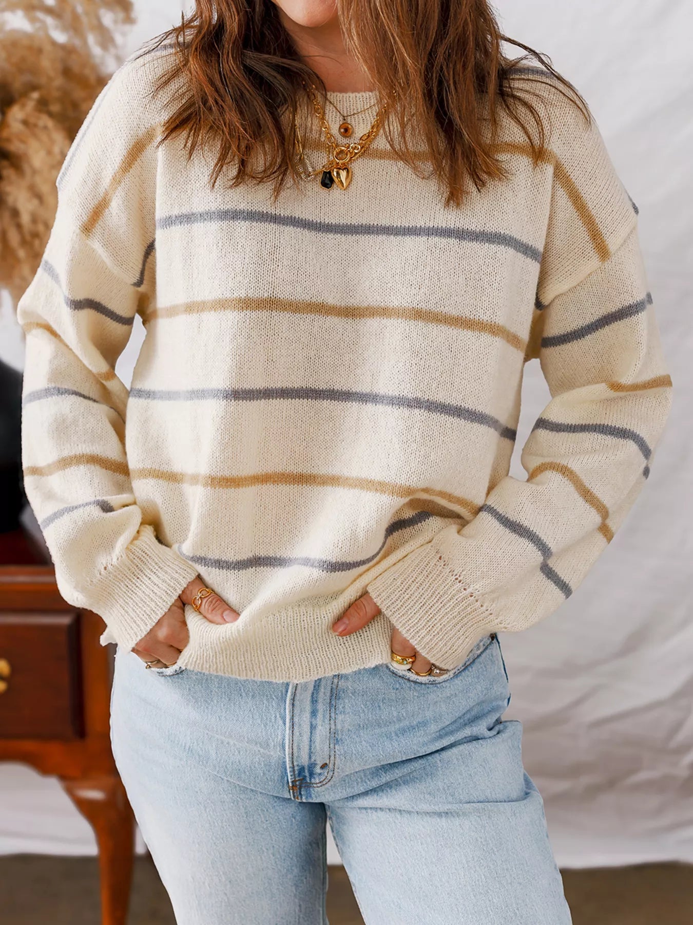 Stripe Striped Ribbed Edge Drop Shoulder Sweater -  Be Bliss Boutique