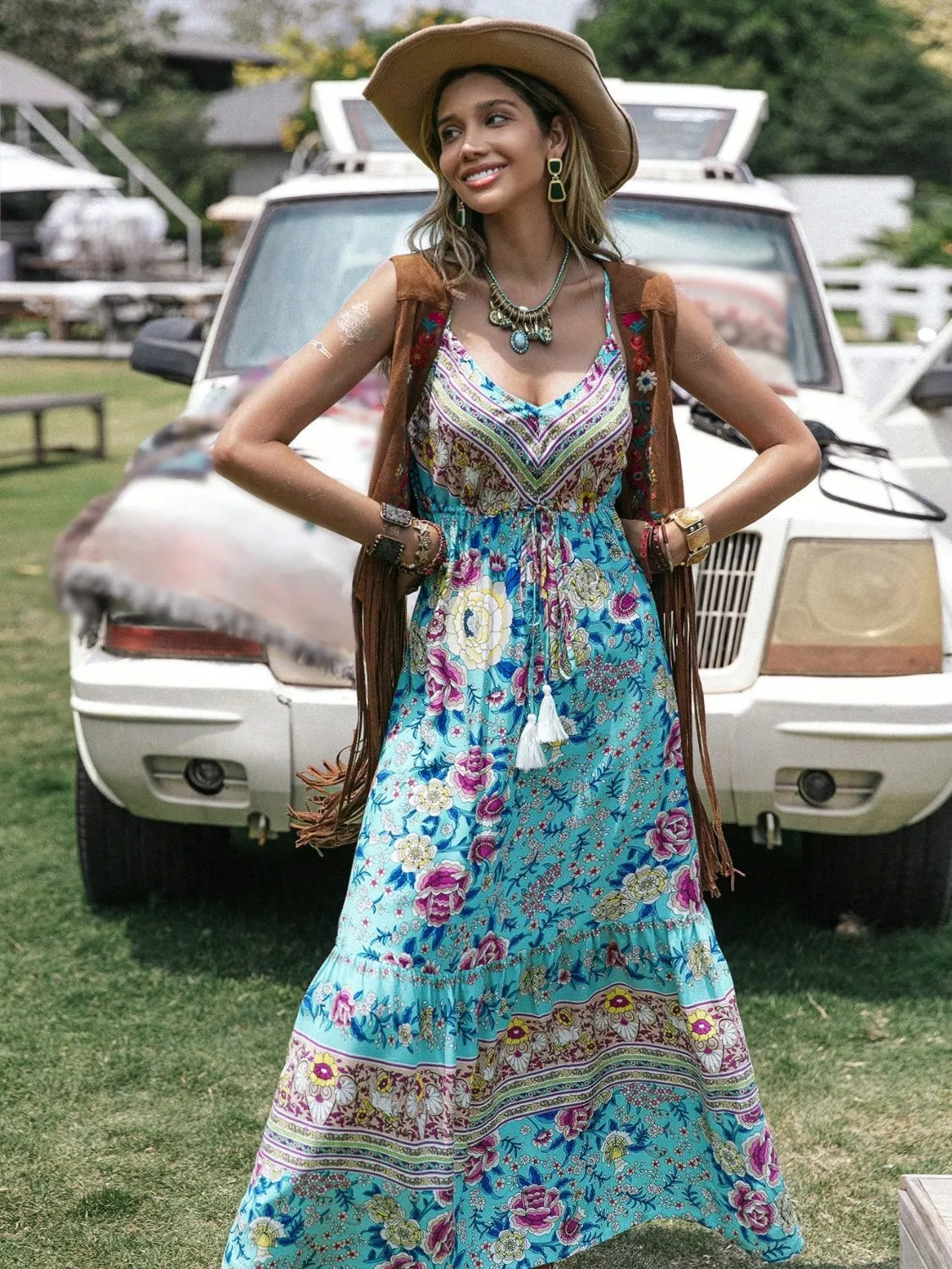 Boho Tassel Floral Print Tiered Cami Dress - Be Bliss Boutique