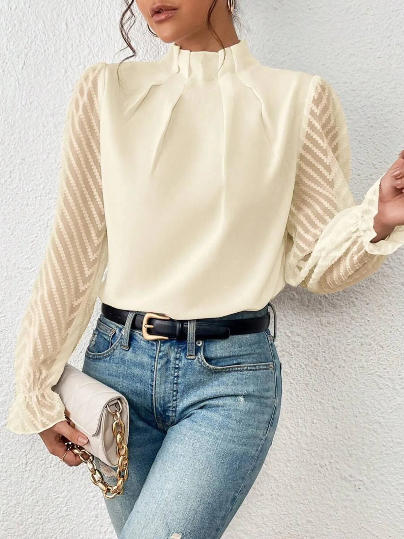 Mock Neck Flounce Sleeve Blouse -  Be Bliss Boutique