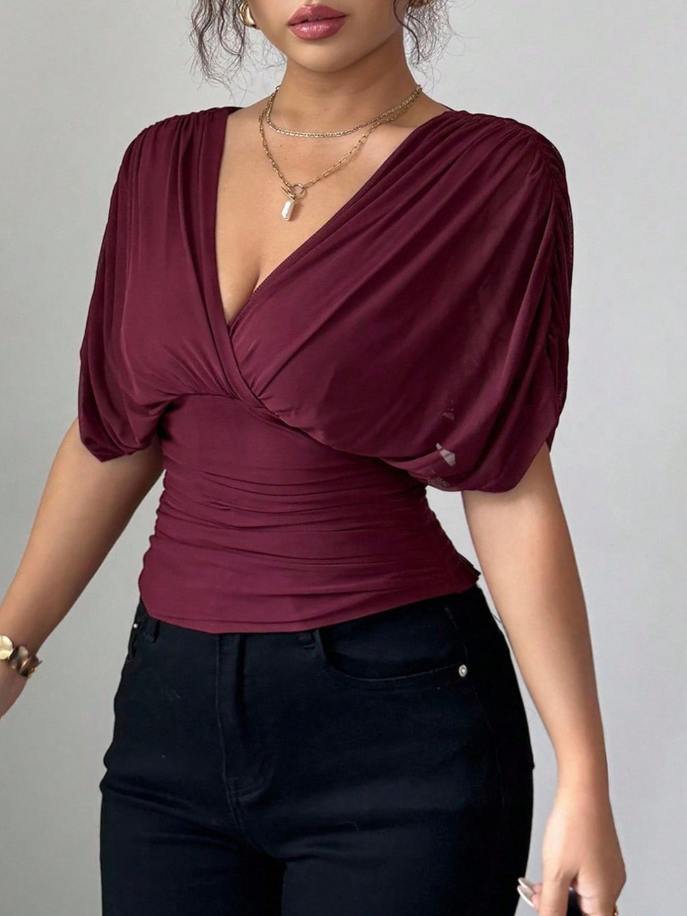 Ruched Surplice Short Sleeve Top - Be Bliss Boutique