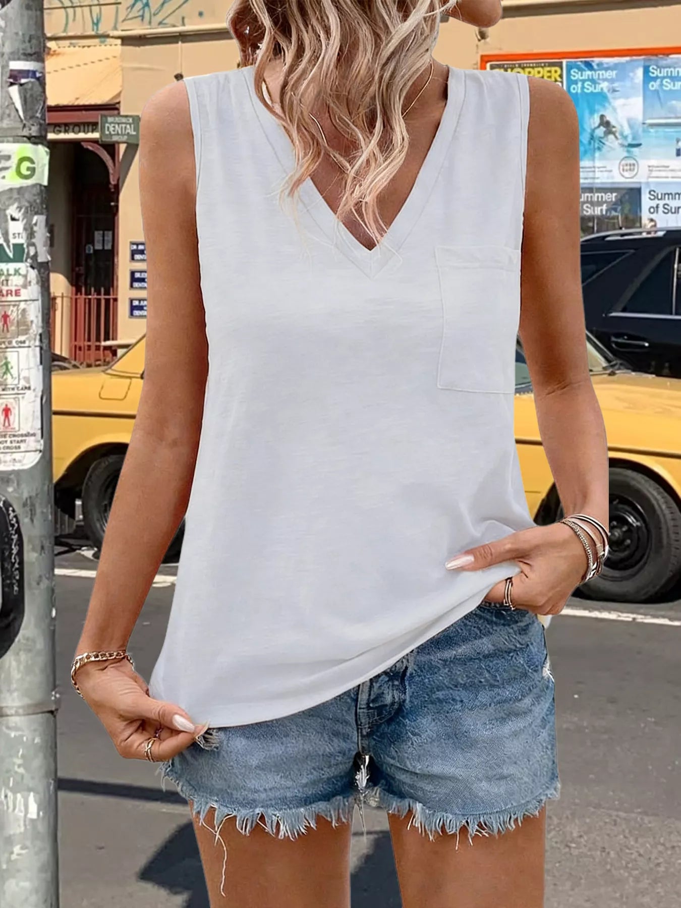 Casual V Neck Pocket Tank - Be Bliss Boutique