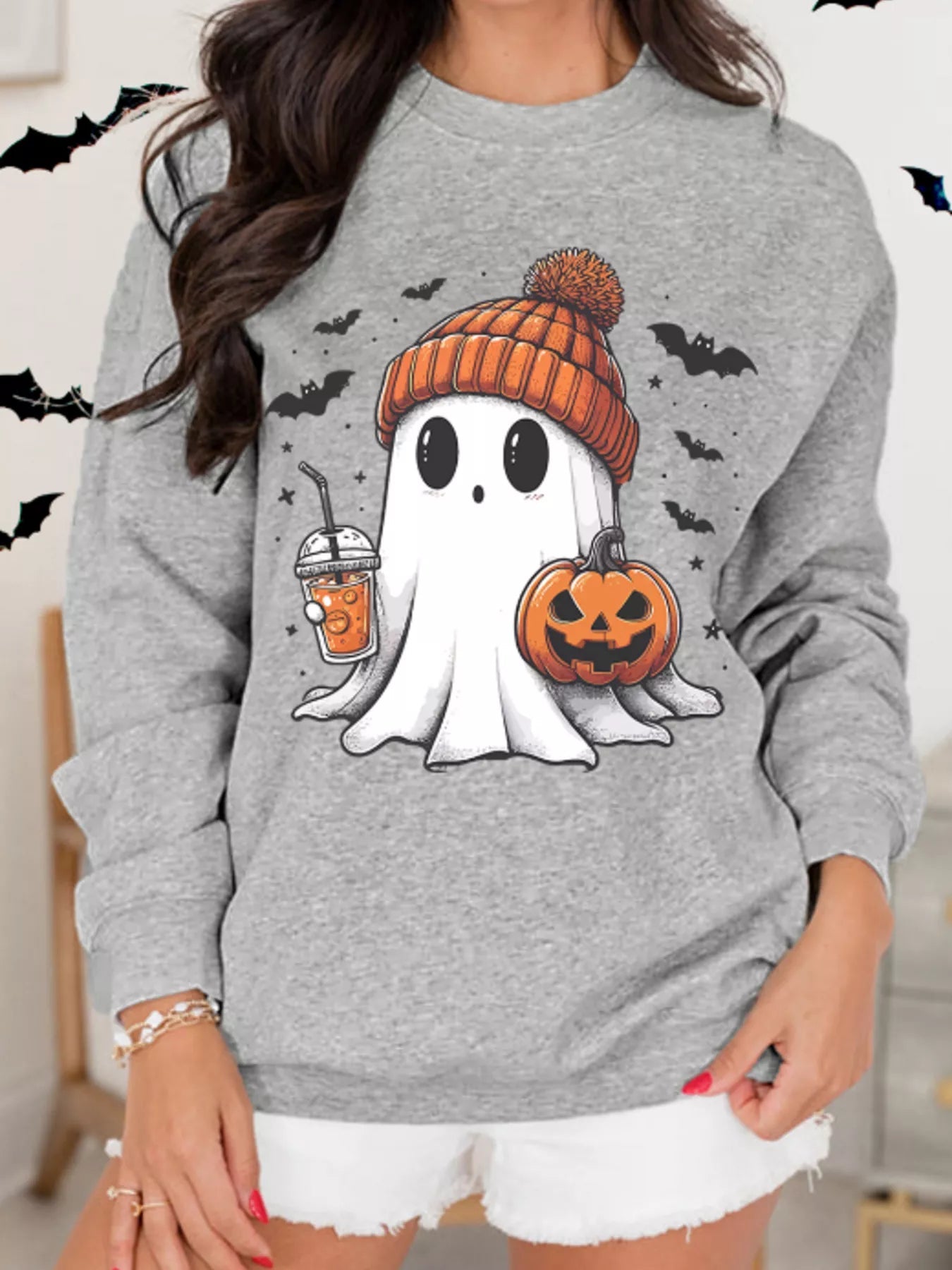 Round Neck Halloween Ghost Sweatshirt - Be Bliss Boutique