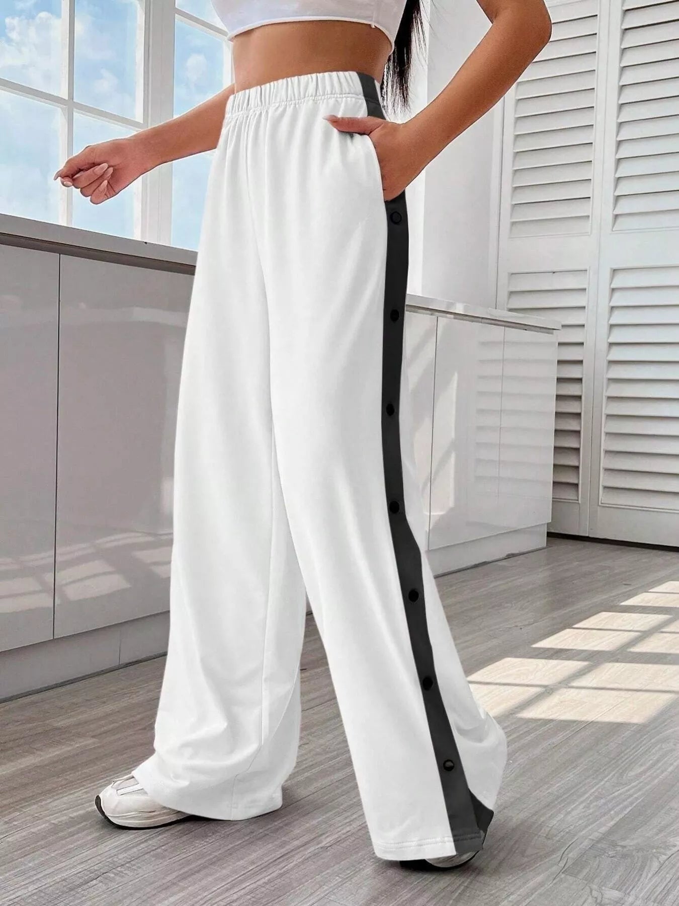 Two-Tone Side Snap Wide Leg Pants -  Be Bliss Boutique