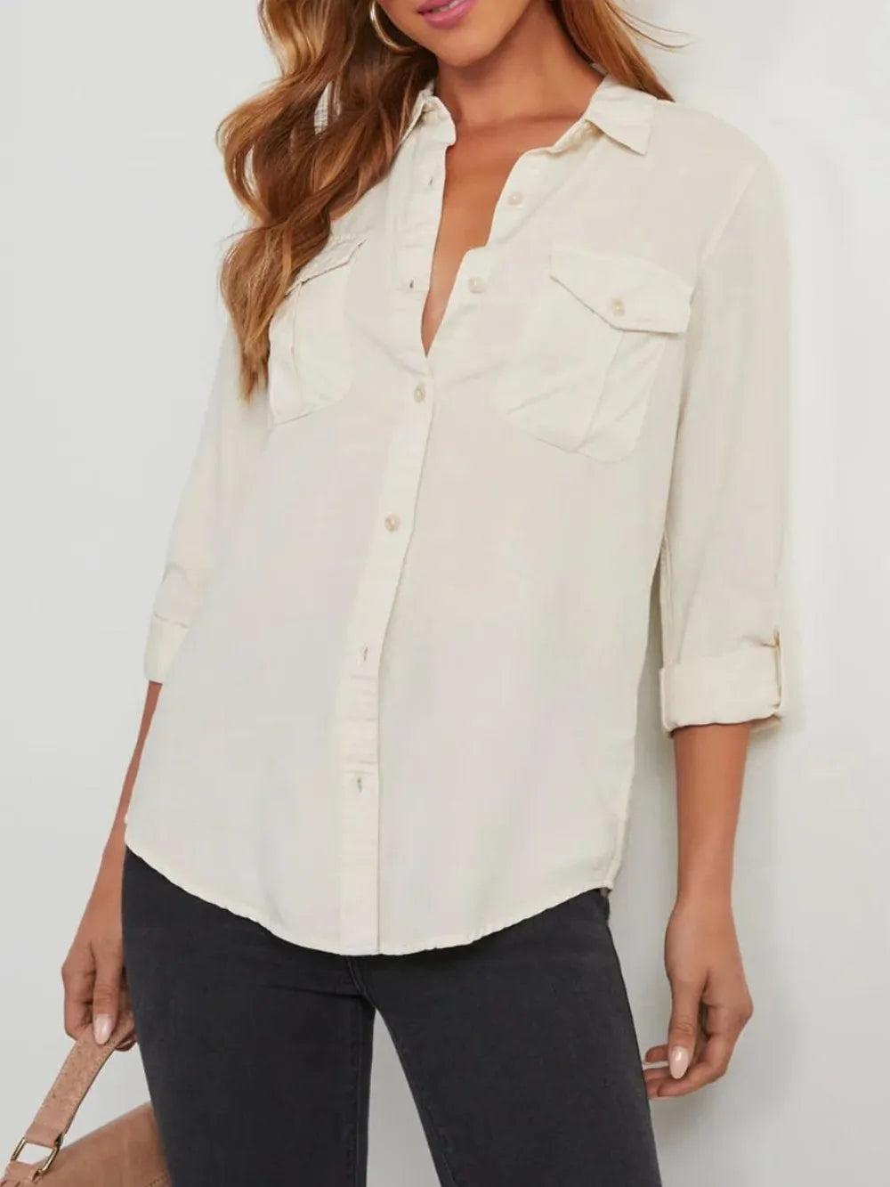 Collared Neck Roll-Tab Sleeve Womens Denim Shirt - Be Bliss Boutique