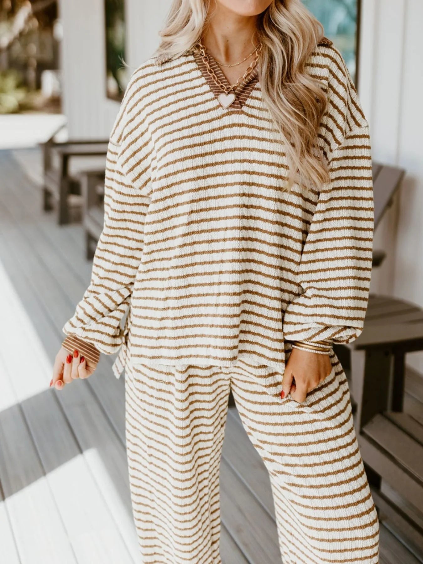Stripe Collared Top and Drawstring Pant Set - Be Bliss Boutique