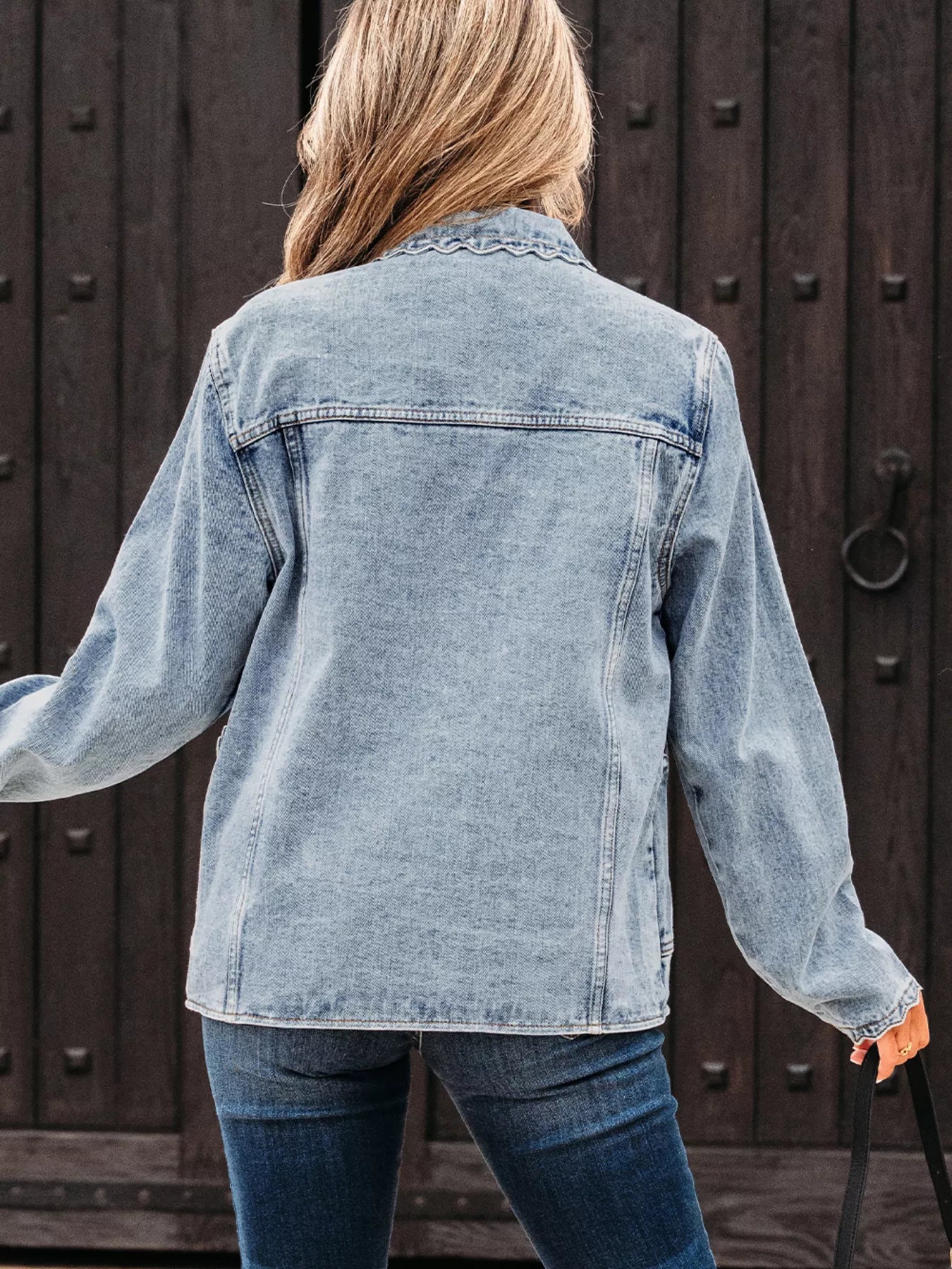 Scallop Trim Collar Patched Pocket Button Up Denim Jacket - Be Bliss Boutique