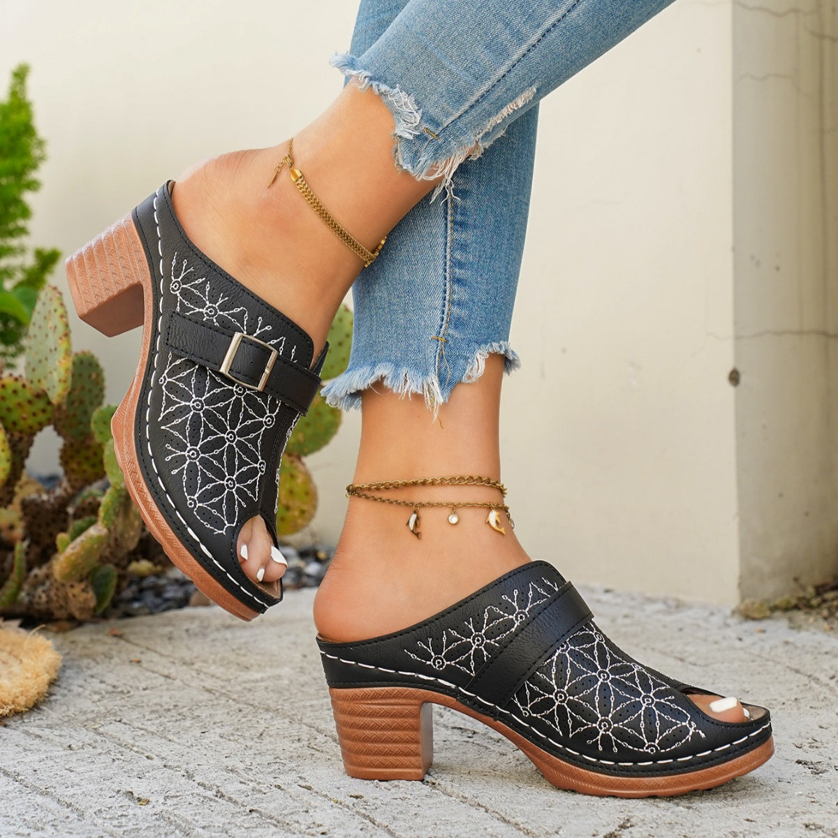 Buckle Decor Block Heel Sandals - Be Bliss Boutique
